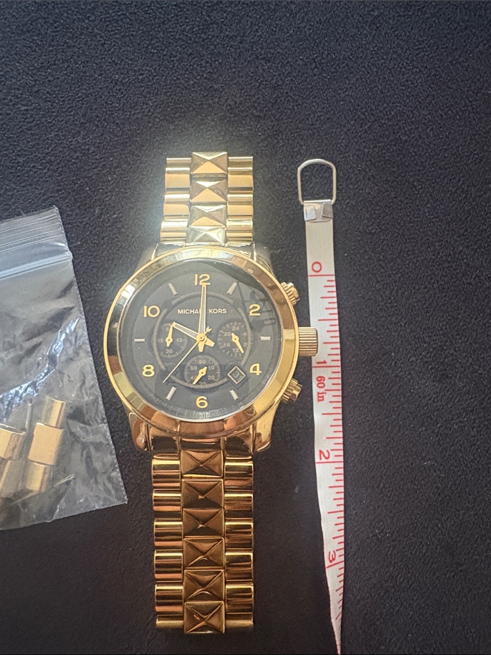 Michael Kors Gold and Black Pyramid-Link Chronograph Watch - Picture 2 of 6